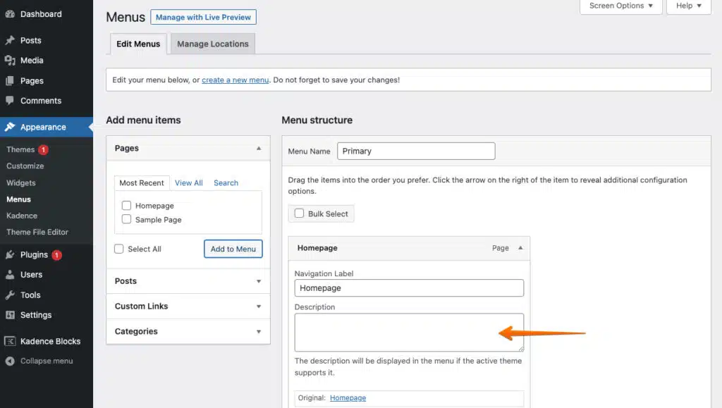 Where to populate the link description in WordPress