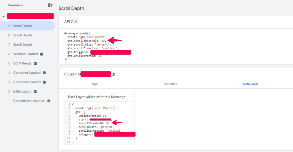 viewing scroll depth data layer events in google tag manager tag assistant interface