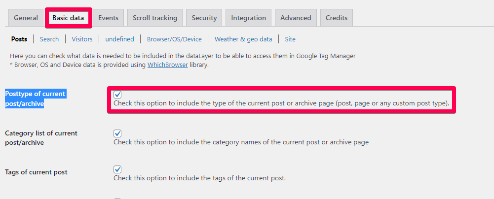 enabling post type data layer information in wordpress for google tag manager
