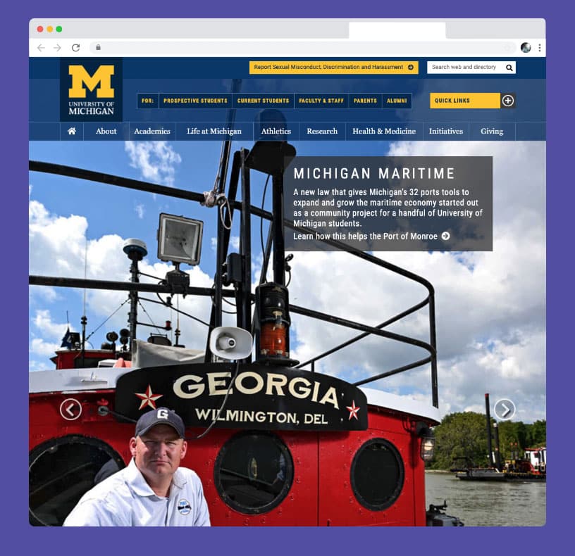 The University of Michigan Website with navigation for key segments