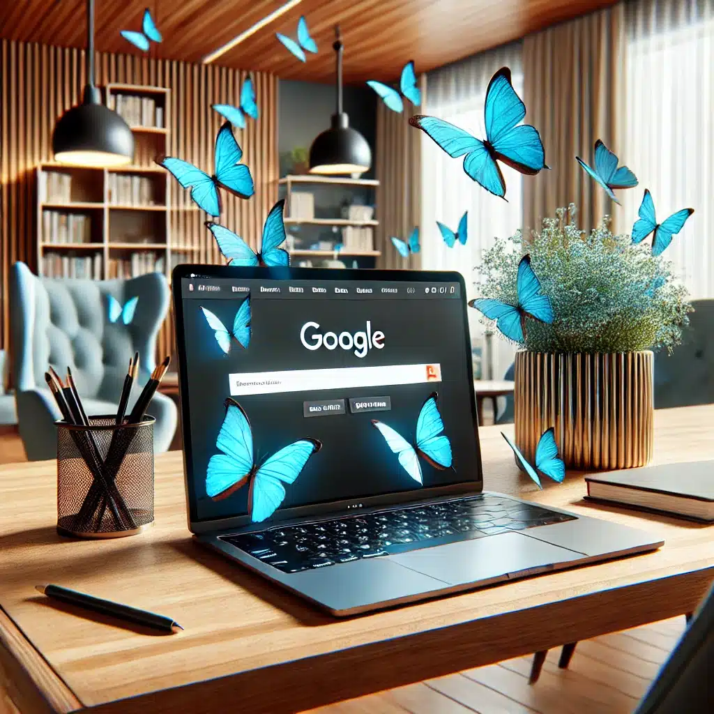 Butterflies circling around a laptop with Google on the screen