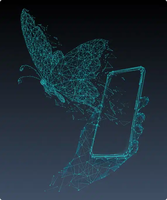 A digital butterfly breaking out of a digital mobile device