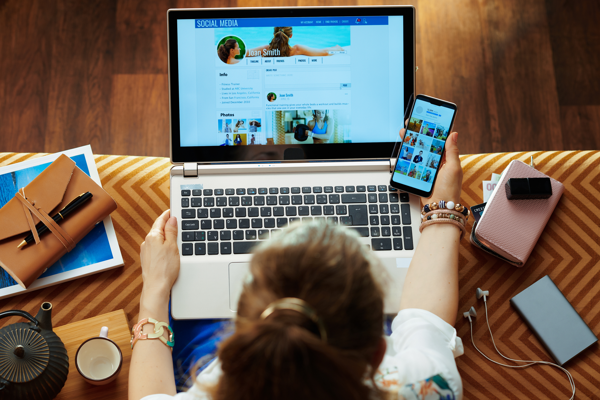 Person managing social media accounts on a laptop and smartphone, reviewing profile engagement and content visuals—illustrating modern multi-platform strategy in 2025.